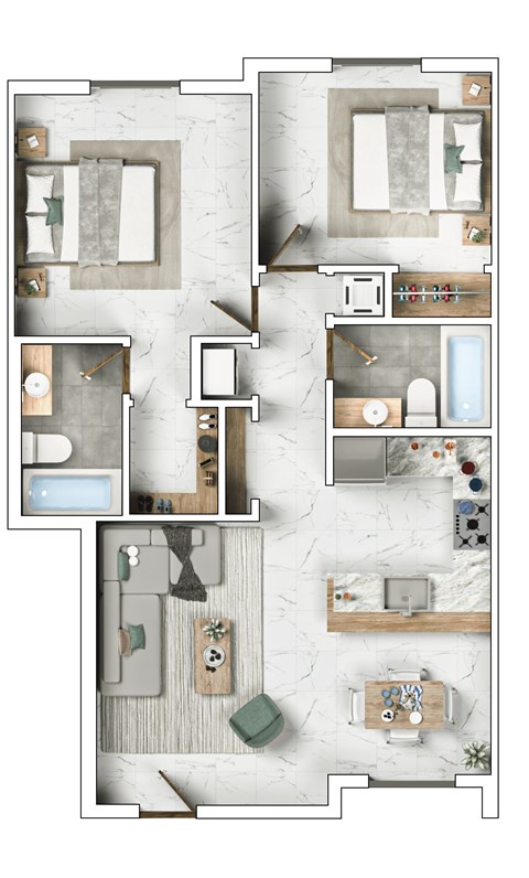 A floor plan of a house with a kitchen, living room, and bathrooms.